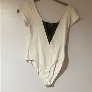 White body suit with V neck pleather and mesh